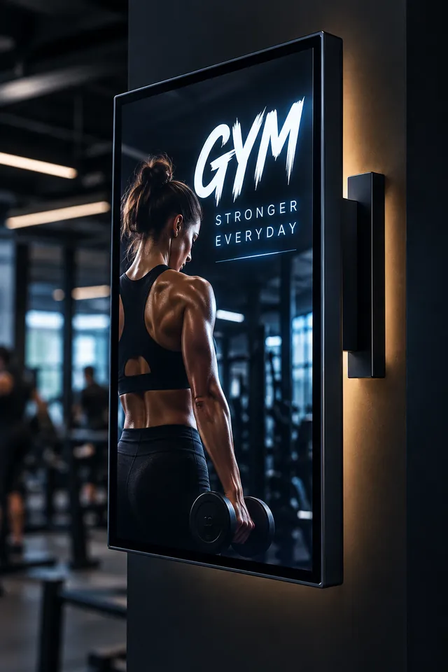 Gym at night with a glowing Seenvio screen
