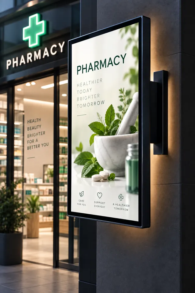 Portrait Seenvio screen outside a pharmacy