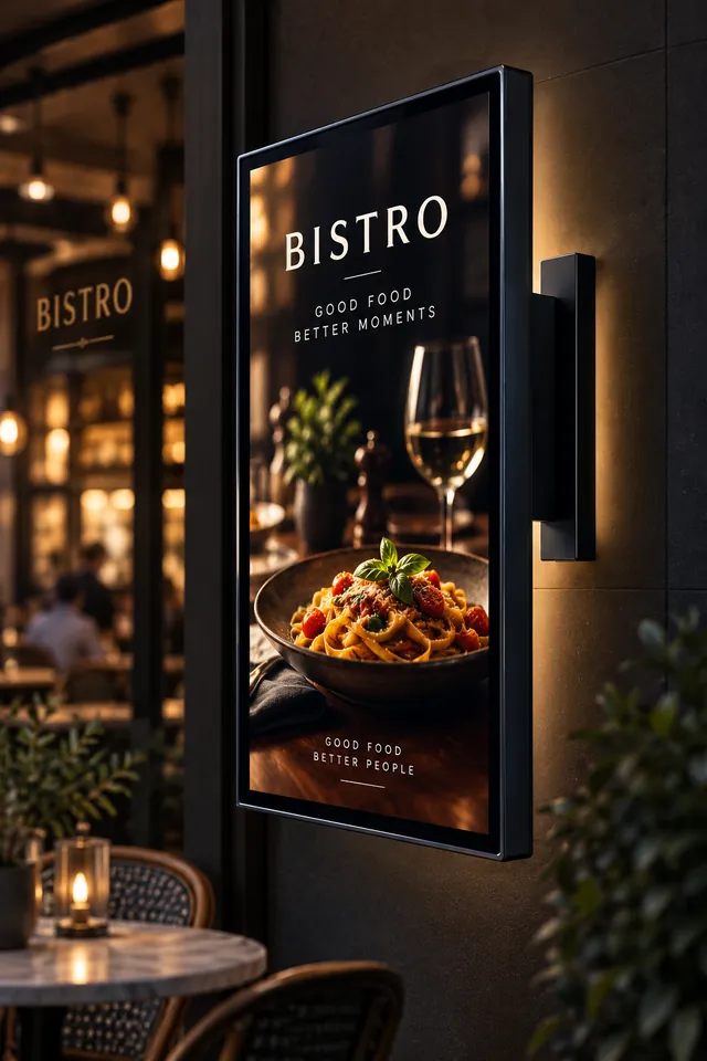 Restaurant at night with a glowing Seenvio screen